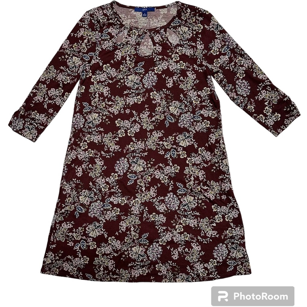 Apt.9 Maroon Floral Knee Length Dress Mid Length Sleeves With Pockets Size Small